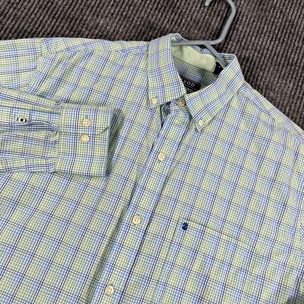 IZOD Shirt Mens Medium Blue Green Check Long Sleeve Button Down Casual Dress
